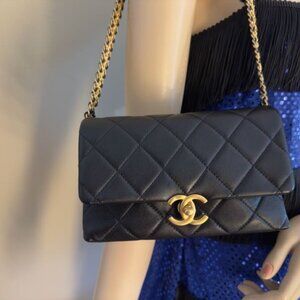 SOLDChanel 2023 Lambskin Mini Flap Bag w Black and Gold Belt Chain Handle